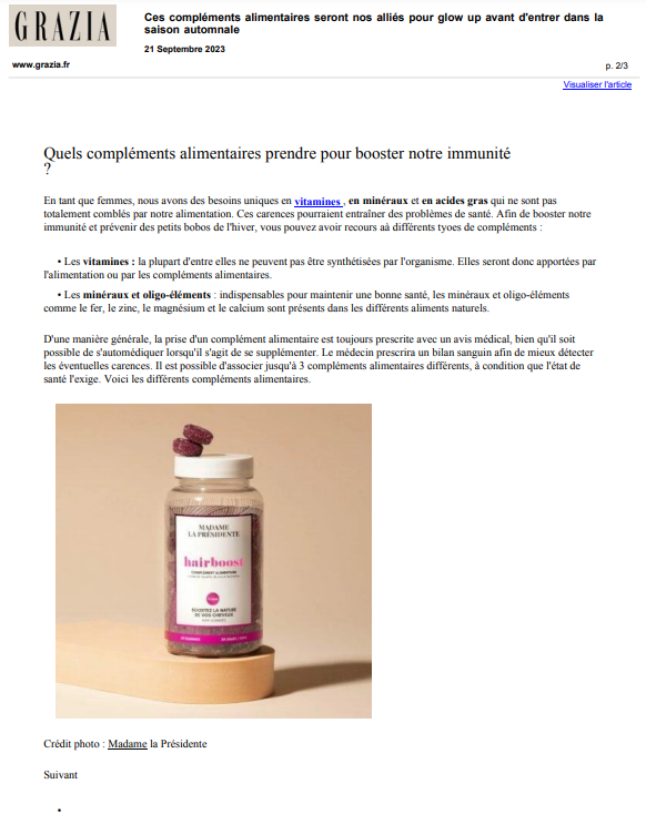 revue de presse Grazia Hairboost Madame la Présidente